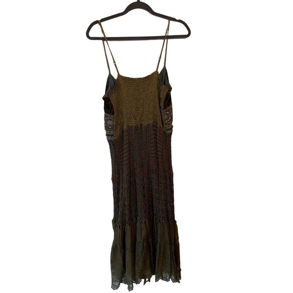 Hale Bob Emerald Green Lace Crochet 90s Vintage Velour Dress Embroidered Sz Med - Picture 2 of 9